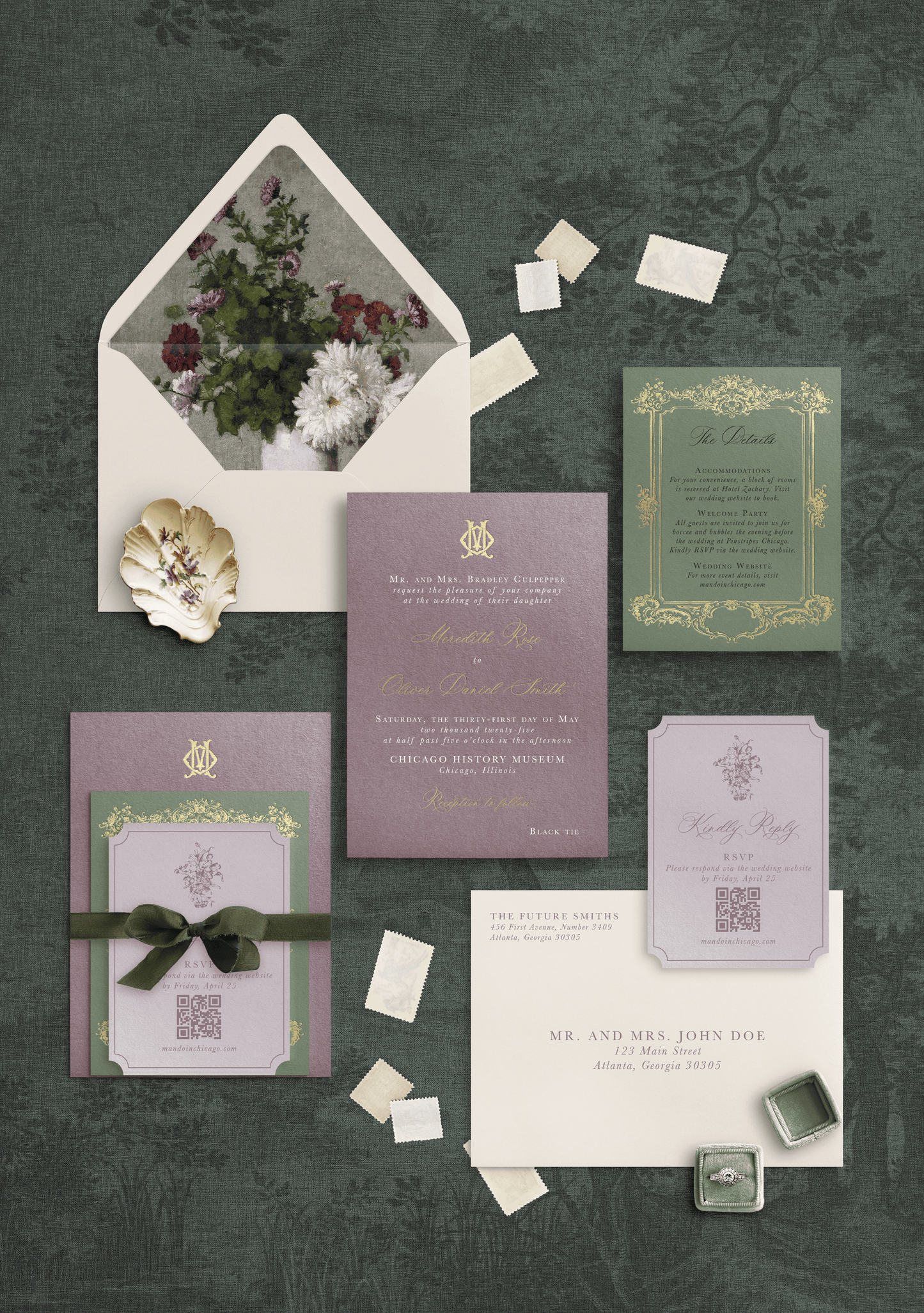 Vintage Bouquet Foil Stamped Wedding Invitations